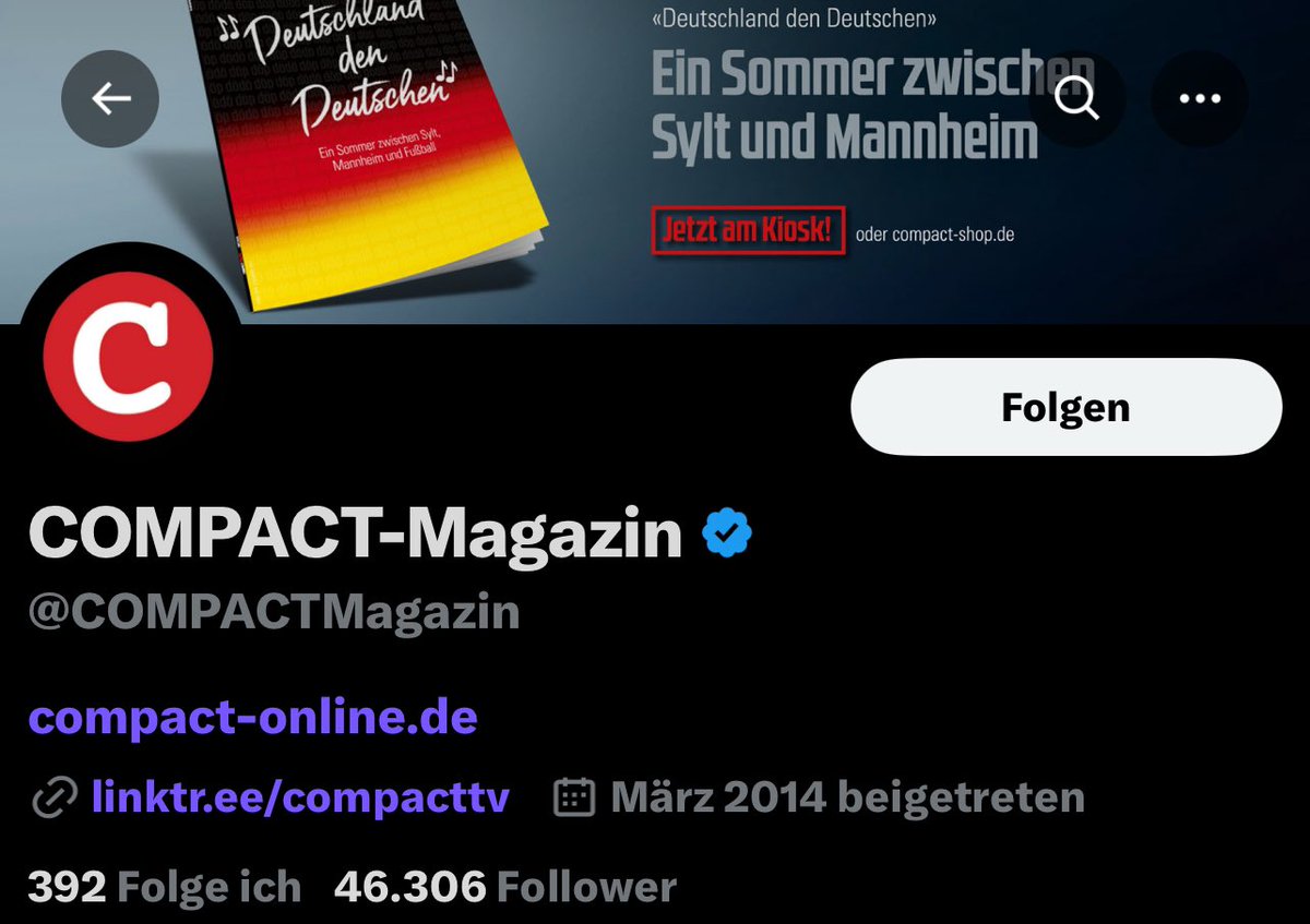 einzigHugo's tweet image. Warum ist eigentlich der #X-Account vom #COMPACTMagazin Noch da?

Müsste dieser nicht nach dem #Compactverbot wie die YouTube Kanäle und Webseiten geschlossen werden?