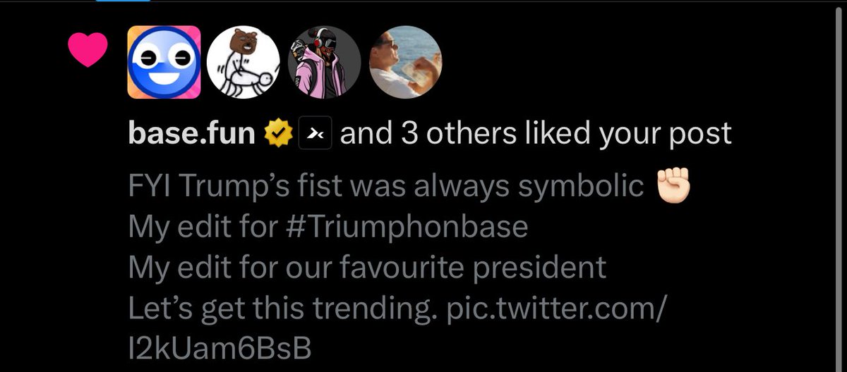 The golden verified account @basexfun itself liked my shill on their platform😱

All you need to support Trump is get some #Triumph on base.fun
This is getting very big now I am ready to make some gains here
#base #meme #trump2024