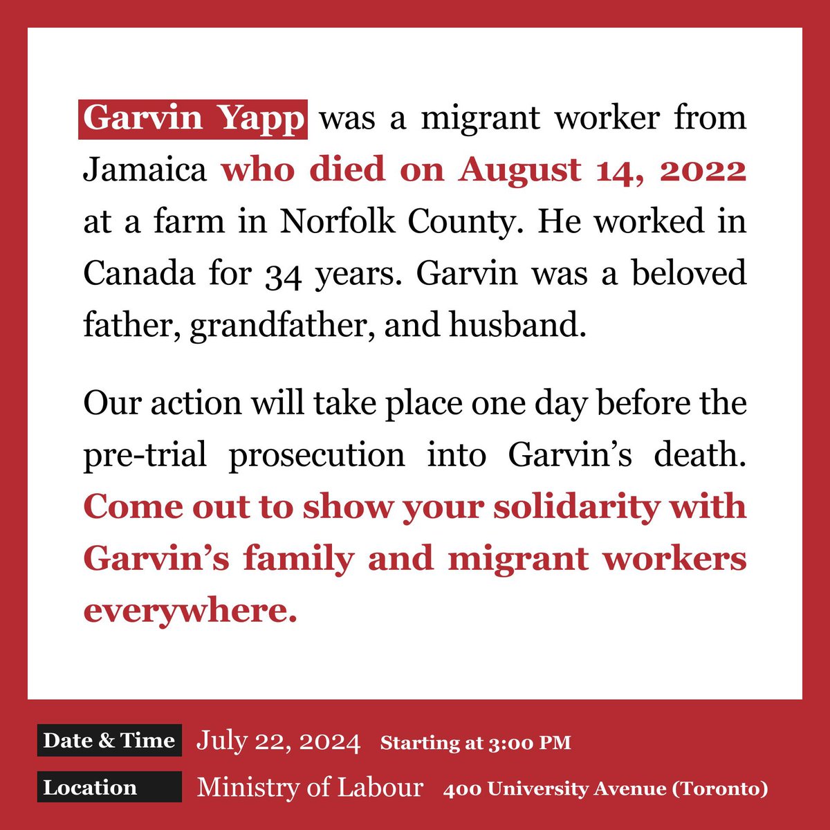 j4mw's tweet photo. Comrade Yapp was a grandfather, father and husband, a family shattered by workplace death. @DavidPiccini @fordnation labour laws are needed! @JustinTrudeau @MarcMillerVM #statusnow https://t.co/eoKhw9rRk9