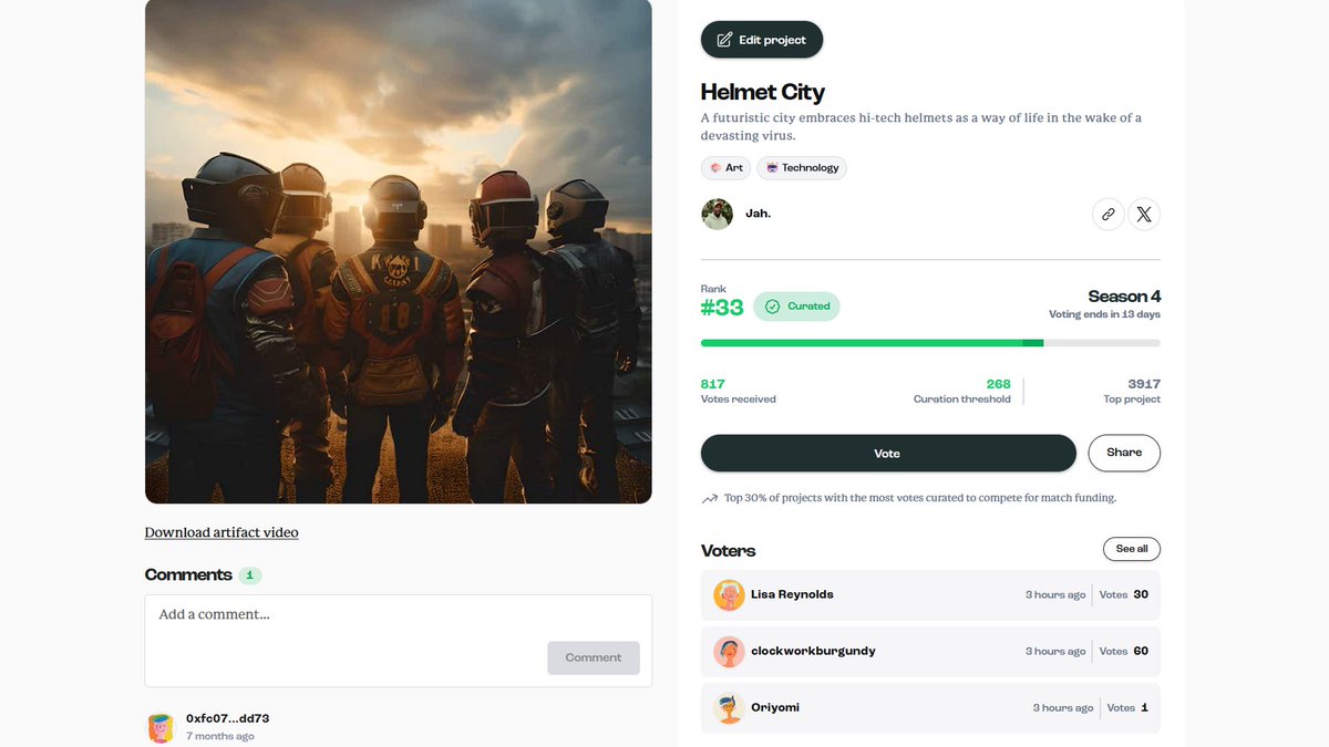ArtByJah's tweet image. Yerrr some more votes came in! We're now at 817 votes and ranked number #33 for the @ArtizenFund !!!
shout out to @clockwrkburgndy and big shoutout to my Mom dropping 30 votes lmao.
Lets keep it going, appreciate yall!!
Vote here: artizen.fund/index/p/helmet…