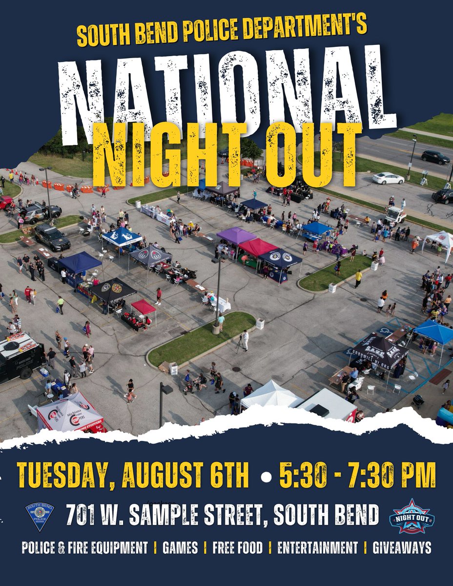 City of South Bend (@cityofsouthbend) on Twitter photo Join us for <a href="/southbendpolice/">South Bend Police</a>'s annual National Night Out event on Tuesday, August 6th from 5:30-7:30pm in the SBPD parking lot on 701 W Sample Street! This event is free and open to the public and will include refreshments, entertainment, games, and giveaways! Join us for <a href="/southbendpolice/">South Bend Police</a>'s annual National Night Out event on Tuesday, August 6th from 5:30-7:30pm in the SBPD parking lot on 701 W Sample Street! This event is free and open to the public and will include refreshments, entertainment, games, and giveaways!