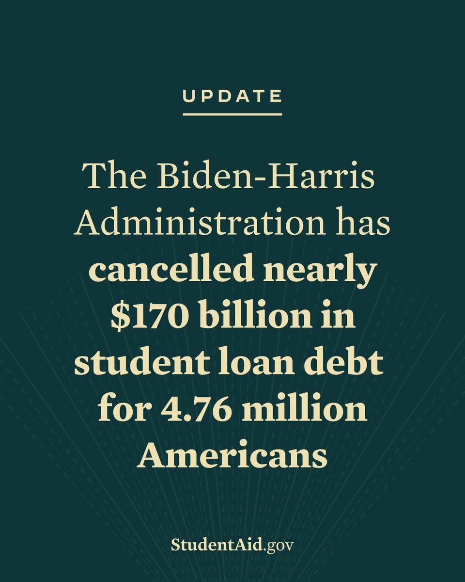 The Biden-Harris Administration just approved an additional $1.2B in student debt cancellation for 35,000 more public service workers.

Almost 950,000 nurses, teachers, firefighters, and other public servants have received nearly $70B in relief — and we won’t stop here.