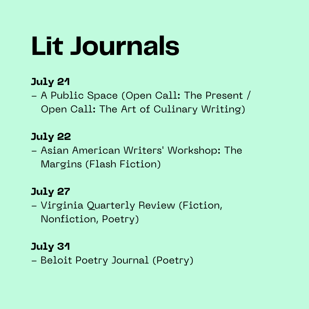TSP_Writing's tweet photo. #thespeakeasyproject #july #august #deadlines #literarycommunity #poetry #writing #poetrycommunity #writingcommunity

@APublicSpace  @aaww  @vqreview  @BPJTweets  @CavanKerryPress  @InvertedSyntax https://t.co/fptgxDHjlI
