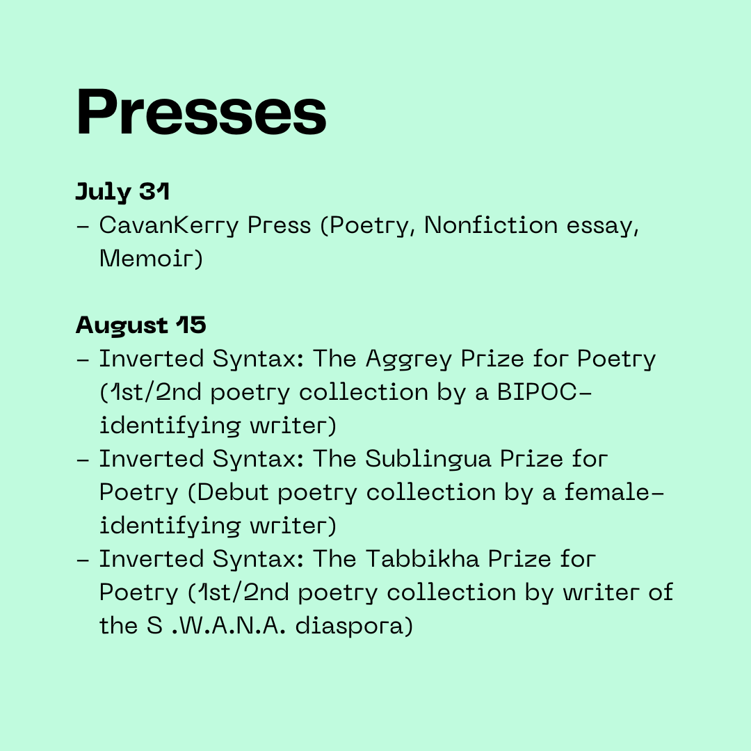 TSP_Writing's tweet photo. #thespeakeasyproject #july #august #deadlines #literarycommunity #poetry #writing #poetrycommunity #writingcommunity

@APublicSpace  @aaww  @vqreview  @BPJTweets  @CavanKerryPress  @InvertedSyntax https://t.co/fptgxDHjlI