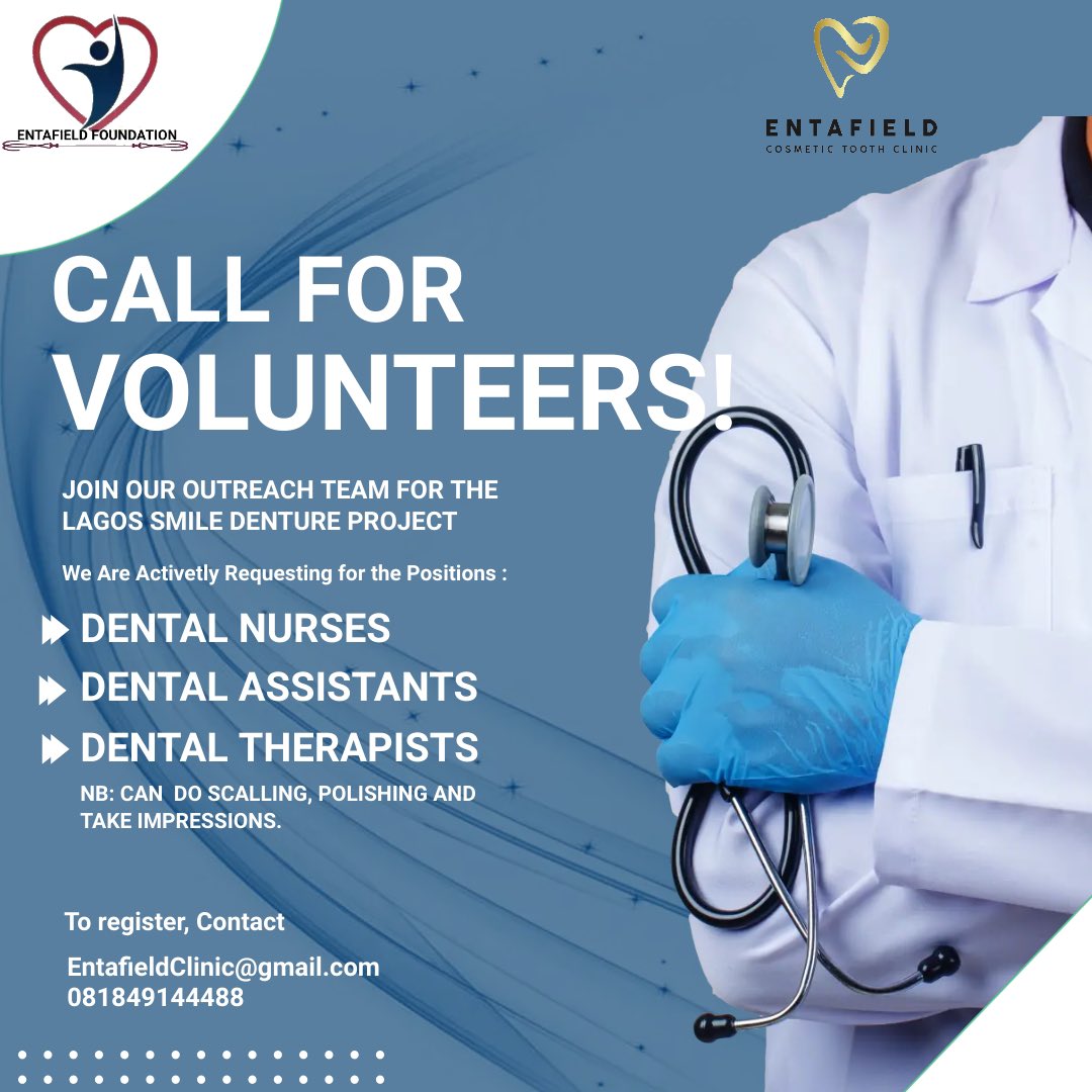 Entafield_fndtn's tweet photo. Call for Volunteers ✨

Join our Outreach Team for the Lagos Smile Denture Project
NB: Can do Scaling, Polishing and take Impressions

To register, Contact
EntafieldClinic@gmail.com
08184914488

You can’t afford to miss this 📌
🌸 @CherryEntafield 
#outreach #dentist #entafield https://t.co/kQ9p4Ok9BL