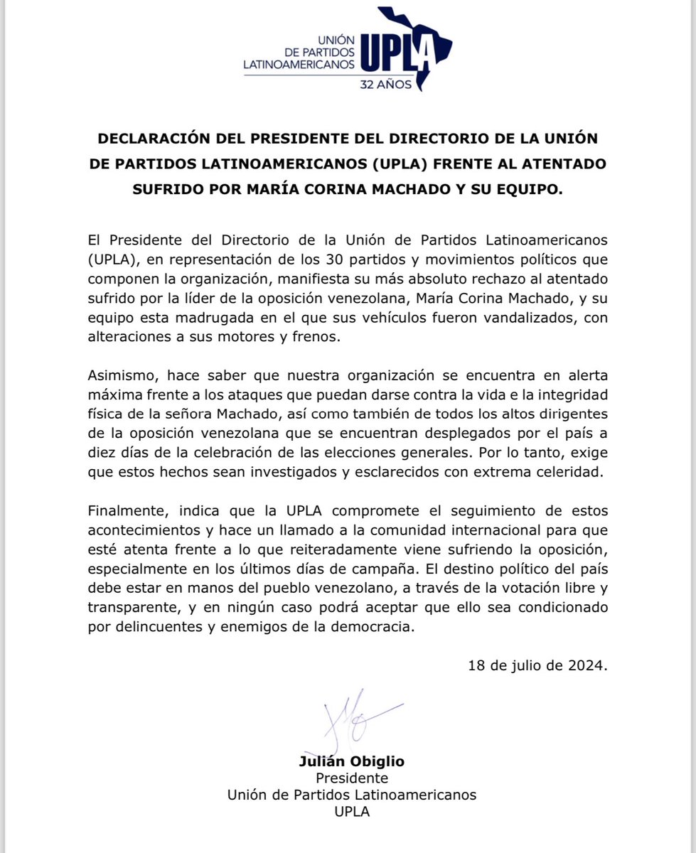 UPLA #32años (@red_upla) on Twitter photo Condenamos fuertemente el atentado sufrido hoy por <a href="/MariaCorinaYA/">María Corina Machado</a> y su equipo. Nos declaramos en alerta máxima frente a estos hechos. <a href="/delsasolorzano/">Delsa Solorzano</a> Condenamos fuertemente el atentado sufrido hoy por <a href="/MariaCorinaYA/">María Corina Machado</a> y su equipo. Nos declaramos en alerta máxima frente a estos hechos. <a href="/delsasolorzano/">Delsa Solorzano</a>