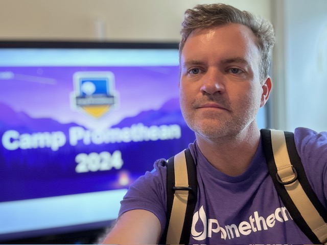 Promethean's tweet photo. #TeamPromethean’s Ryan T. is all set for #CampPromethean24 - literally packed his backpack &amp; figuratively packed his #edtech wisdom. Who’s ready for “Customize Your #ActivPanel 9 Roaming Profile?”  #professionaldevelopment #education #teachertwitter #edutwiter https://t.co/nlHkY4kUoH