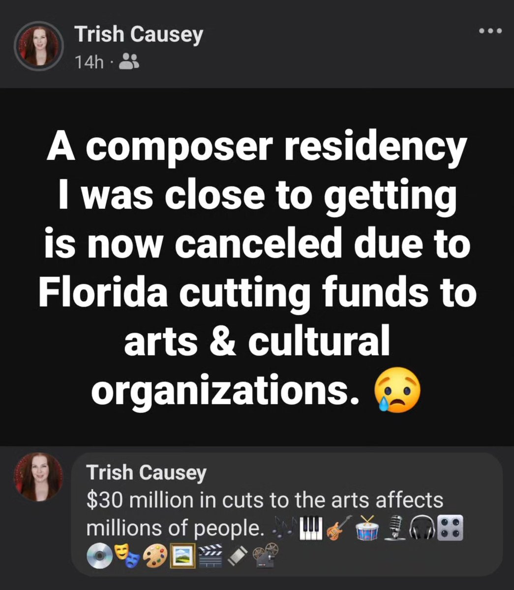 I received an email re: a composer residency I had a good chance of getting (already got 1 in Ireland), only to read it was postponed because of the $30 million cut to arts funding in Florida. The arts ARE business. Artists create an ECONOMY that boosts other businesses.