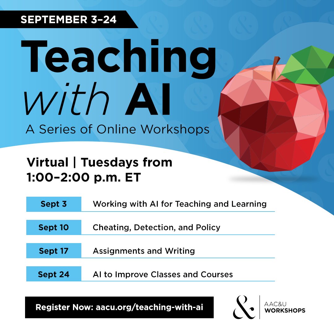 AAC&U (@aacu) on Twitter photo Get ready for the future of education with current-to-the-moment information on generative #AI. Attend this four-part online workshop series presented by <a href="/eddiewatson/">Eddie Watson</a> and <a href="/josebowen/">Jose Antonio Bowen</a>. Register for all workshops and receive a discount and complimentary book. ow.ly/61cG50SFnrY Get ready for the future of education with current-to-the-moment information on generative #AI. Attend this four-part online workshop series presented by <a href="/eddiewatson/">Eddie Watson</a> and <a href="/josebowen/">Jose Antonio Bowen</a>. Register for all workshops and receive a discount and complimentary book. ow.ly/61cG50SFnrY