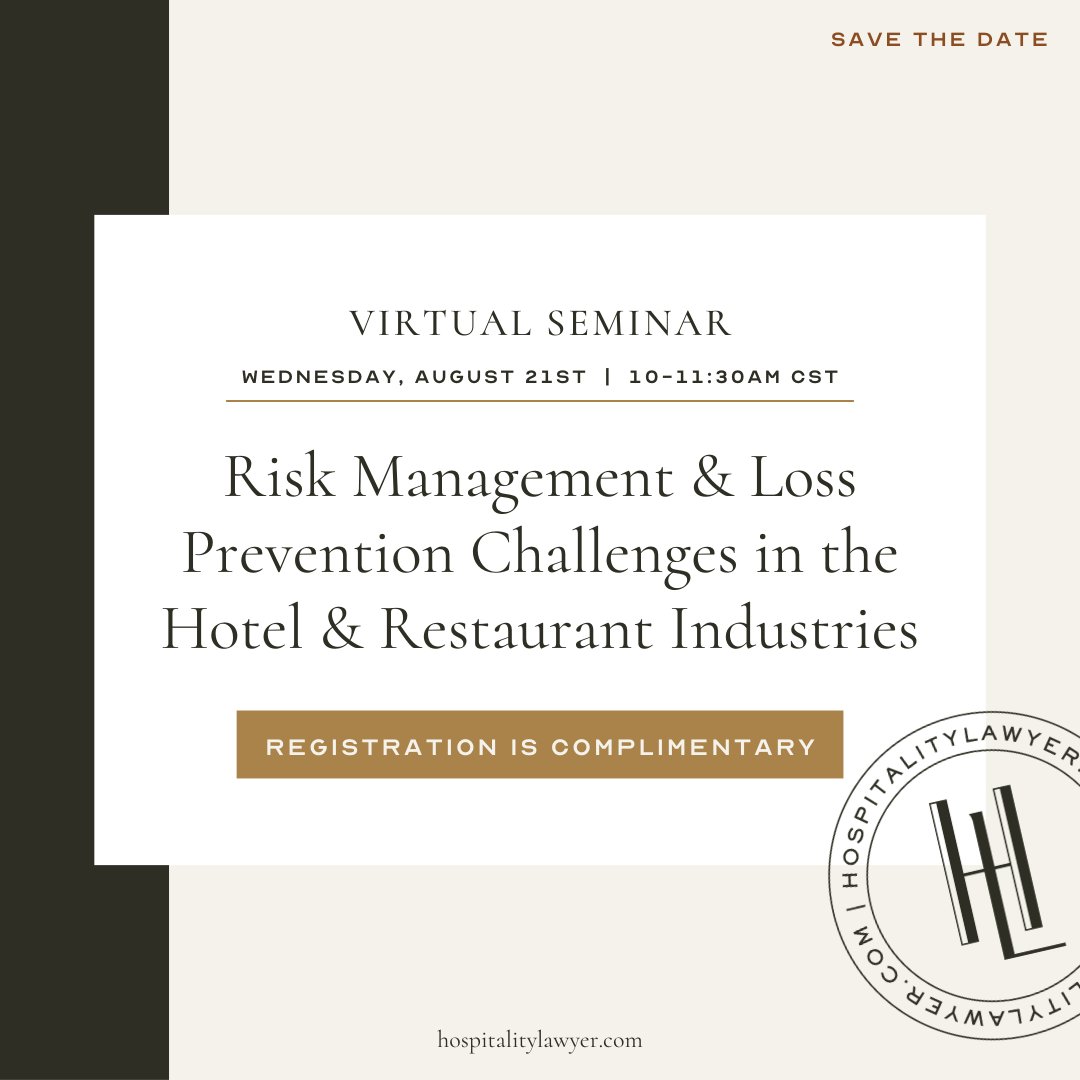 hospitality_law's tweet image. Join us for our third Virtual Seminar of the year on Wednesday, August 21st, from 10:00 - 11:30 am CST. Registration is open &amp;amp; free! Stay tuned for the announcement of topics + speakers next week.

Register: us02web.zoom.us/webinar/regist…

#RiskManagement #LossPrevention #HospitalityLaw
