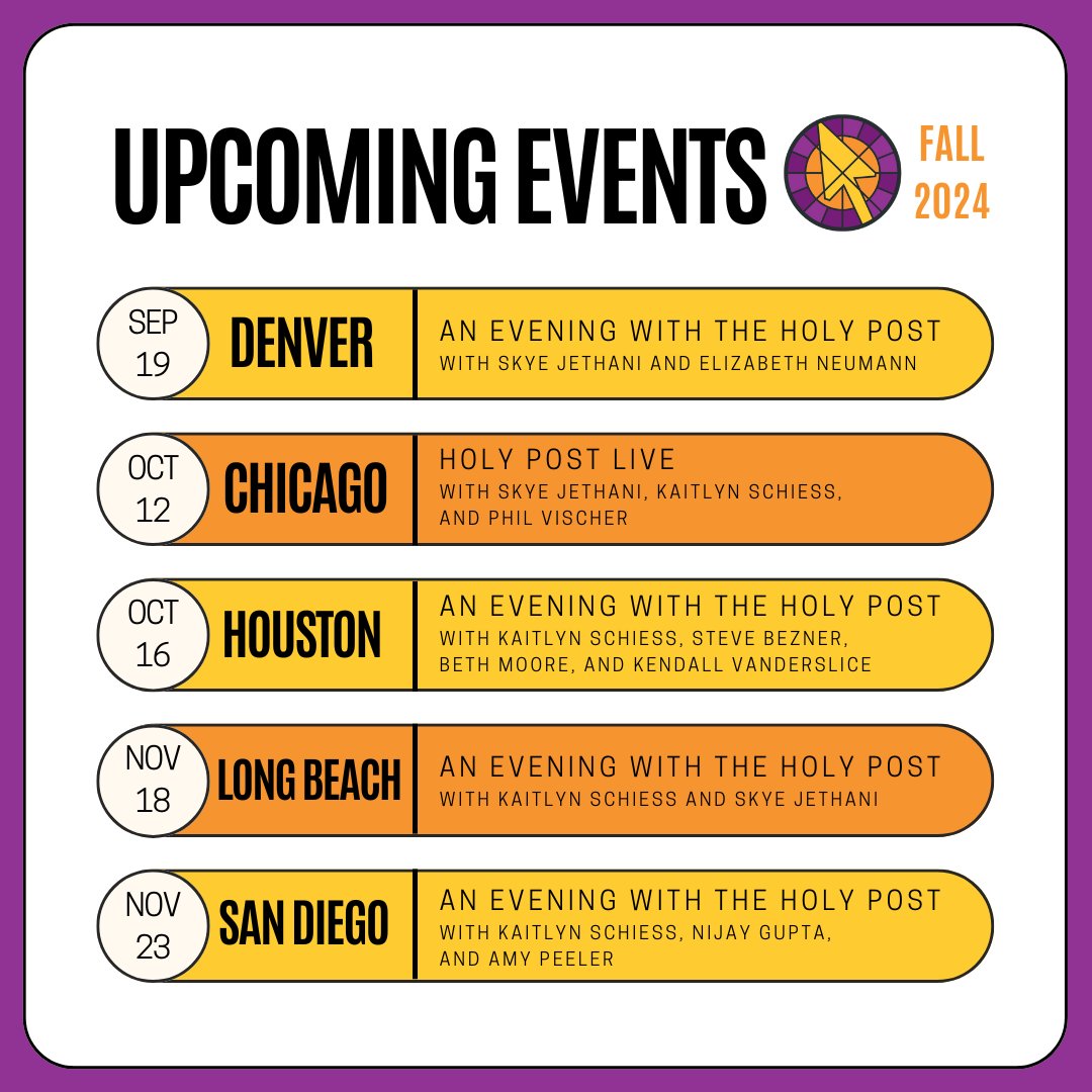 HolyPost_Media's tweet photo. Coming this fall: HOLY POST EVENTS TOUR
We're thrilled to announce 5 new in-person events for the Holy Post community! Mark your calendars and join us for an unforgettable time with Holy Post hosts, pundits, special guests, &amp; community members. Get tickets at the link in bio! https://t.co/RpsavnAIGH