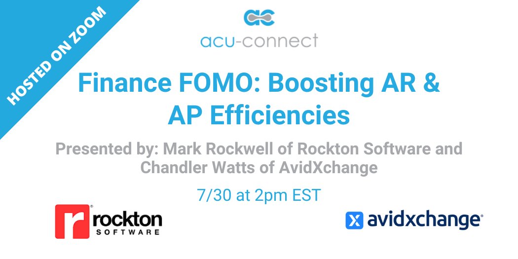 RocktonSoftware's tweet image. This @acu_connect webinar co-hosted by our very own Mark Rockwell and Chandler Watts of @AvidXChange will show you how to overcome FOMO and unlock hidden potential in your AR &amp;amp; AP departments!

✅ Register HERE today! us06web.zoom.us/webinar/regist…

#Finance #FOMO #AccountsReceivable