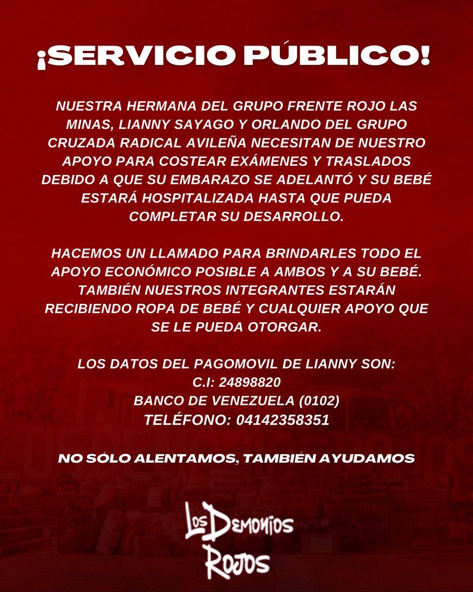 LDR_CFC's tweet photo. NO SÓLO ALENTAMOS, TAMBIÉN AYUDAMOS.

Nuestros hermanos de gradas Lianny y Orlando necesitan de nuestro apoyo. Los Demonios Rojos somos una Familia y tenemos que ayudarlos con su bebé que acaba de llegar al mundo. Apoyemos a Lianny y Orlando, cualquier aporte cuenta! https://t.co/nqeWKF3EFs