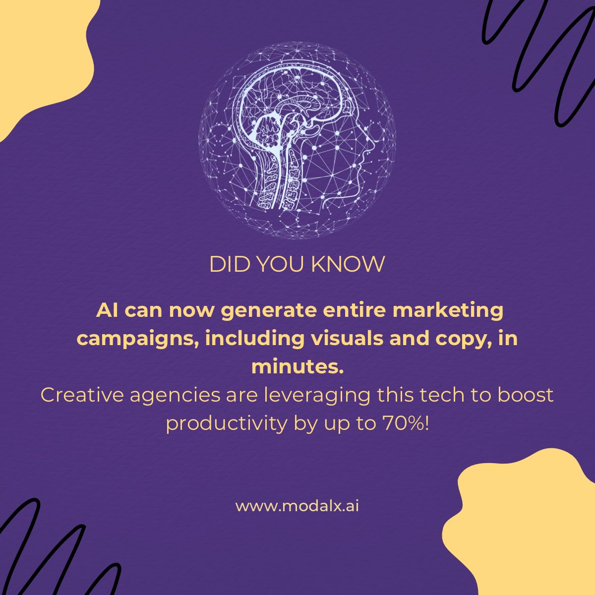 modalxai's tweet photo. AI is revolutionizing marketing campaigns, boosting agency productivity by 70%! 📈 

Don't fall behind - embrace AI to supercharge your marketing efforts and stay ahead of competitors. 

The future of marketing is here, powered by AI. 🚀 

#AIMarketing #ProductivityBoost #ModalX https://t.co/Ae27XwtYZc