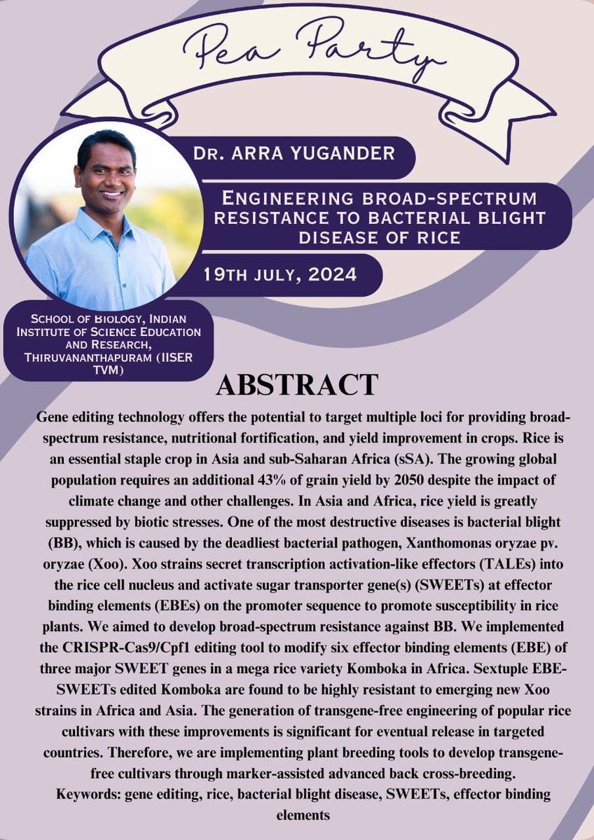 proteusiisertvm's tweet photo. @MRLAB8619 Dr Ravi is going to deliver the keynote lecture followed by @YuganderA and @RameshBondada1 on 19th July 2024. Find the abstracts here.
#Mendel #Birthday #PeaParty https://t.co/xuFhE3snTe