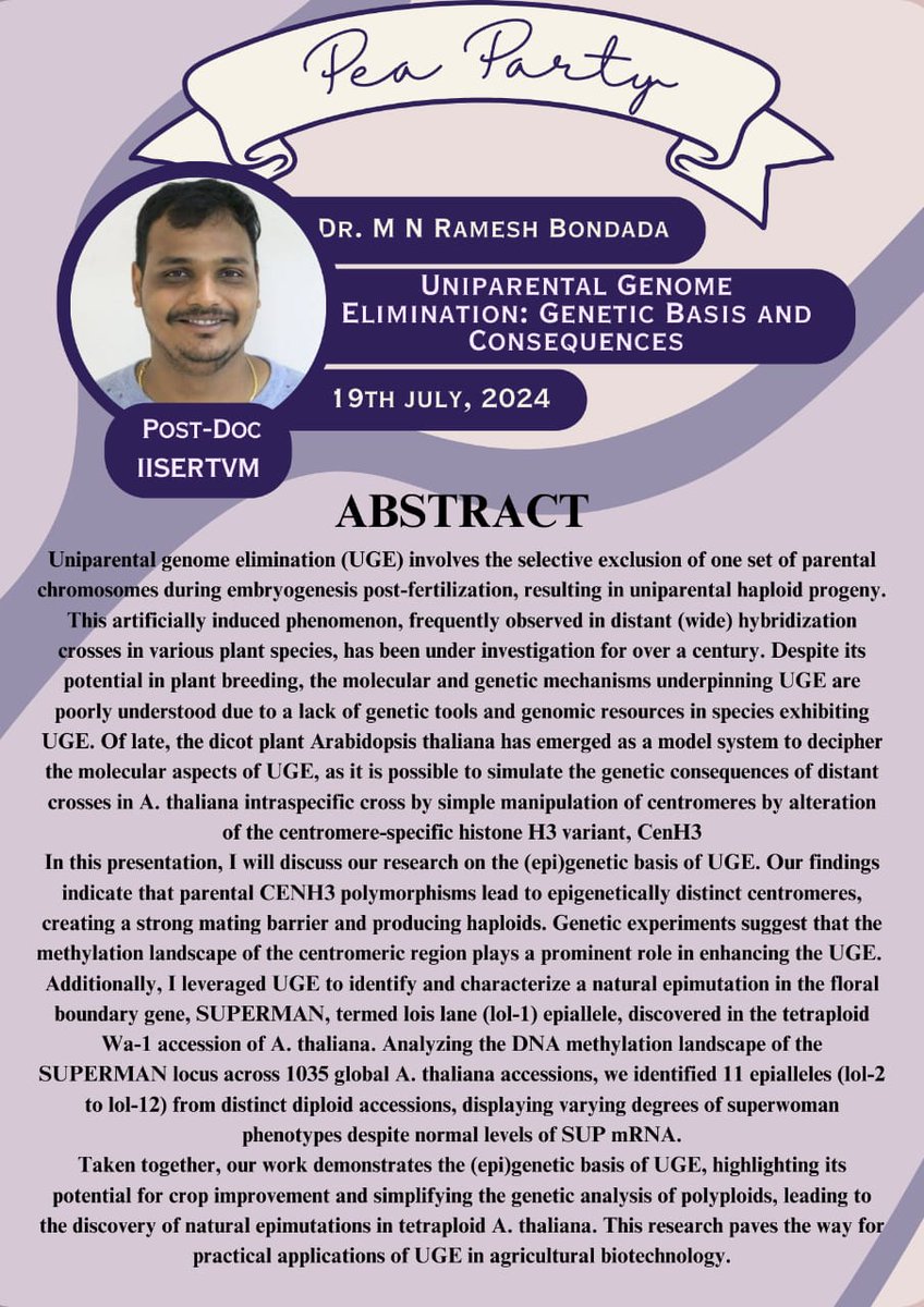 proteusiisertvm's tweet photo. @MRLAB8619 Dr Ravi is going to deliver the keynote lecture followed by @YuganderA and @RameshBondada1 on 19th July 2024. Find the abstracts here.
#Mendel #Birthday #PeaParty https://t.co/xuFhE3snTe