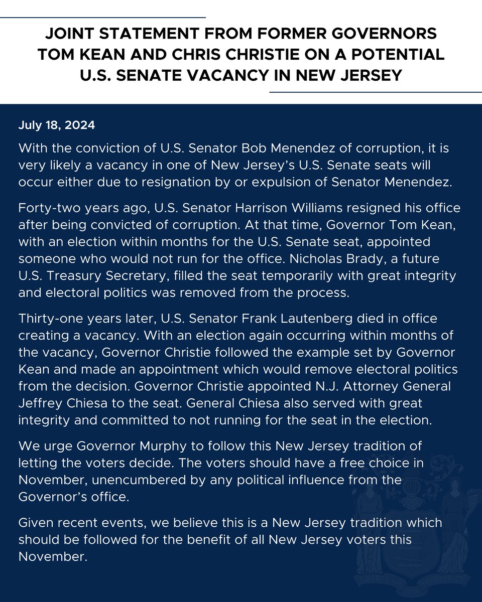 Governor Kean and I urge Gov. Murphy to follow a New Jersey tradition and appoint a U.S. Senator who will not run for office in November. The voters should have a free choice in November, unencumbered by political influence.

Our full statement below: