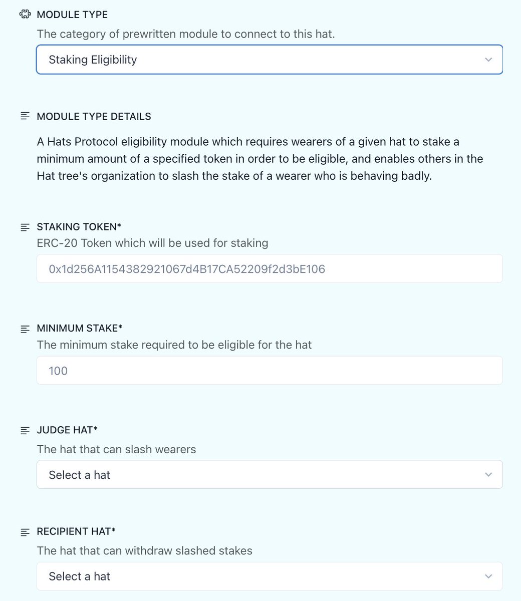 Another new Hats Module alert 🚨

STAKING ELIGIBILITY

Stake tokens (like ETH, reputation points, or DAO tokens) to get a role and access its powers

Do a good job and keep your stake, but get slashed and lose the role if you don't uphold your commitment

This enables high agency