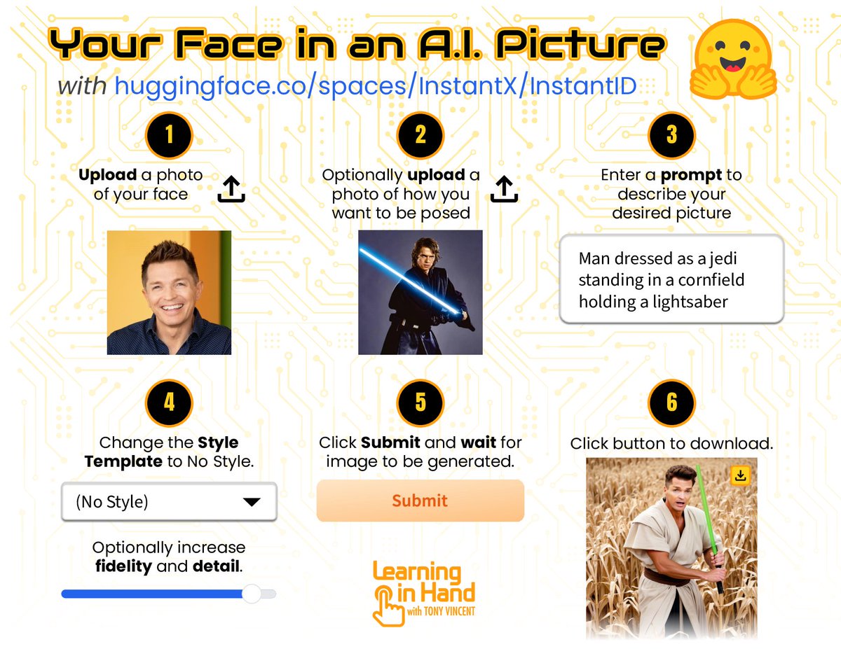 You can star in any photo you can imagine! Use the InstantID tool on Hugging Face to make your face appear in an A.I. generated picture.

Upload your photo and describe your desired picture.

huggingface.co/spaces/Instant…