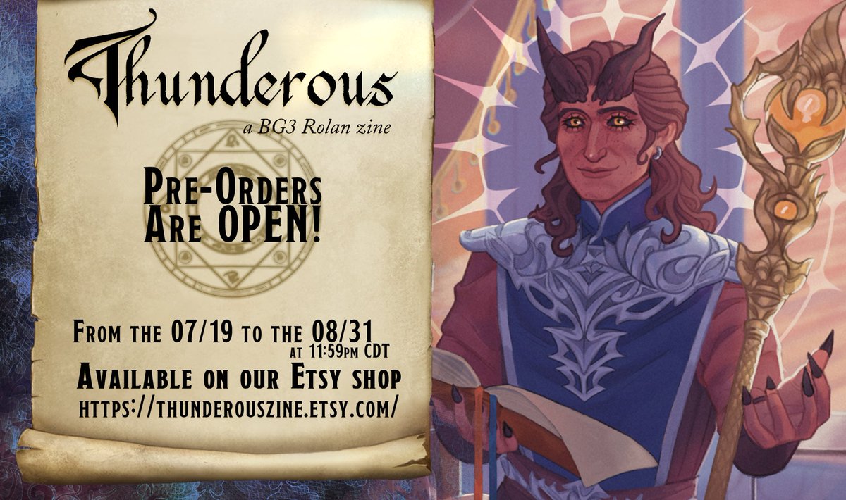 ThunderousZine's tweet photo. ✨Thunderous, the Rolan fanzine, is now open for preorders! We'll be open until 8/31/24, 11:59pm CDT, and we ship worldwide!⚡️

✨Click the link to order + check the thread below for more information on tiers and pricing! 
❤️+🔁 to spread the word!

https://t.co/Ueyfn8lbwA https://t.co/hqKZjocNvB