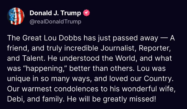 FmrRepMattGaetz's tweet photo. I am saddened to hear about the passing of the great Lou Dobbs. 

My heartfelt condolences go out to the Dobbs family during this difficult time. https://t.co/GxNVEBt94e