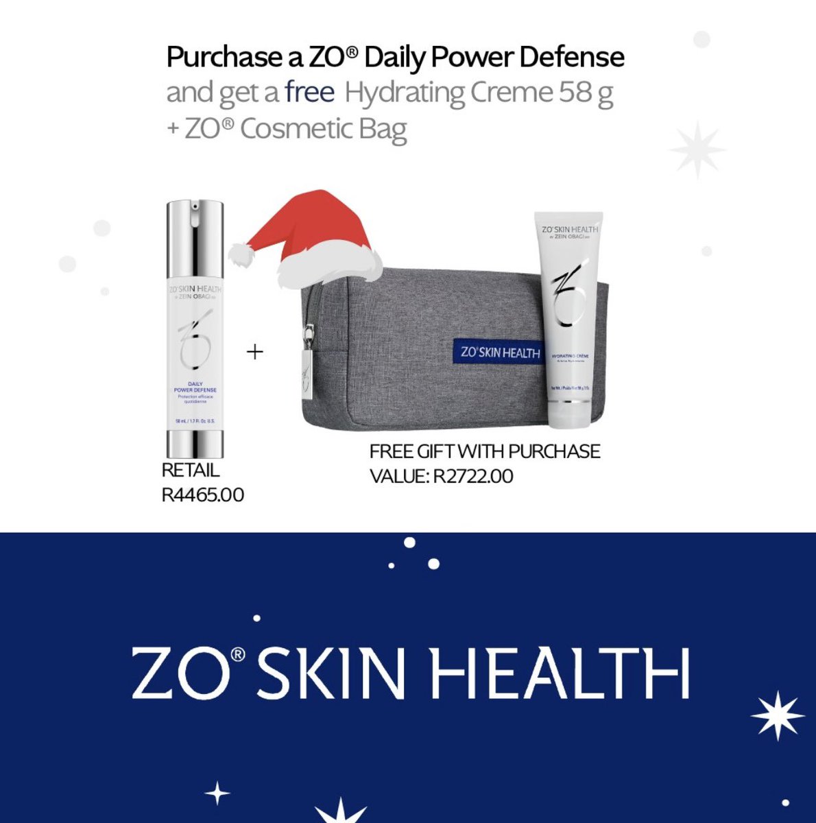 Christmas in July! 🎄🎅🏻🎁🎄🌟🎁🎅🏻🎉✨
Purchase a ZO Daily Power Defense and receive a Hydrating Creme 58g &amp; ZO Cosmetic Bag Free (value R2,722) while stocks last 
#christmasinjuly #zoskinhealthsa #dailypowerdefense #hydration #dnarepair  #drvching #precisionaesthetics