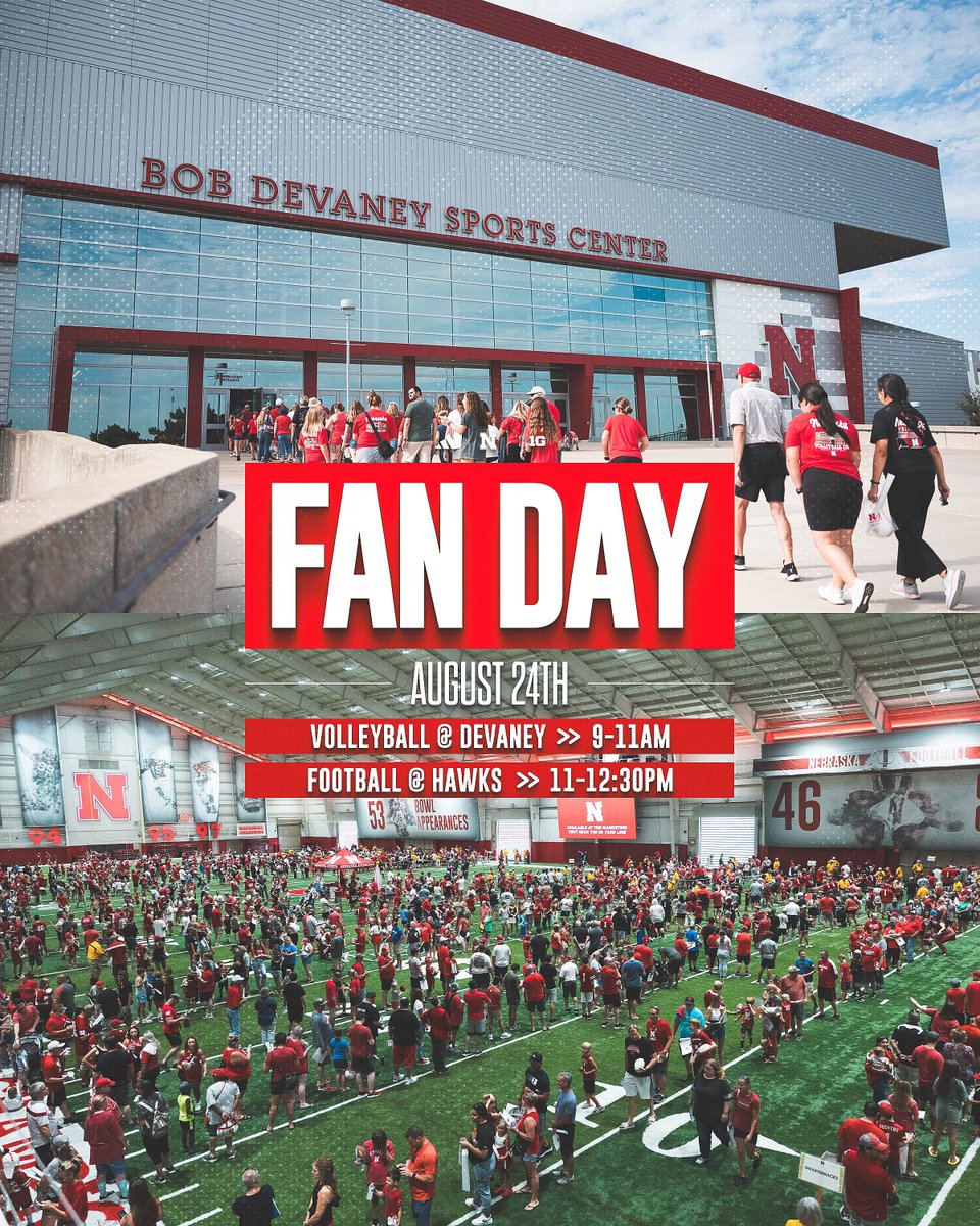 Mark your calendars for a doubleheader Fan Day with <a href="/HuskerVB/">Nebraska Volleyball</a> &amp; <a href="/HuskerFootball/">Nebraska Football</a> on August 24th!

🏐 9:00am-11:00am at Devaney
🏈 11:00am-12:30pm at Hawks

Details: huskers.com/news/2024/07/1…