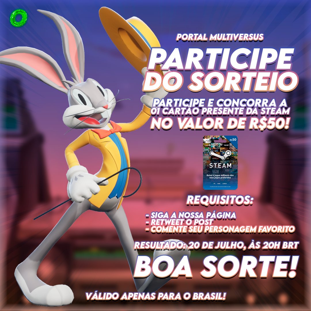 Aproveite agora mesmo! 💚

Uma pessoa será sorteada para receber 01 Cartão Presente da Steam R$50!

Requisitos:

- Siga nossa página.
- Retweet este post.
- Comente seu personagem favorito.

O sorteio encerra no sábado, dia 20 de julho, às 20h BRT!

Sorteio válido apenas para o