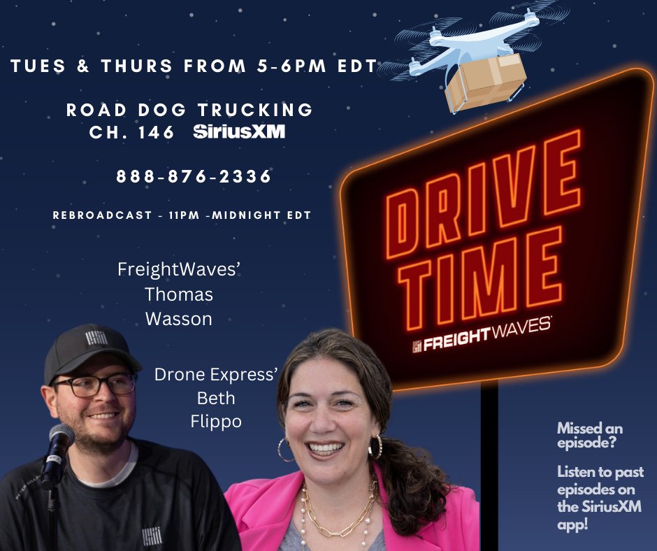graciemanelafr8's tweet photo. Tonight on @FreightWaves Drive Time, we analyze the future of last-mile delivery and today's trucking market 💙

A new guest of the show, Drone Express' Beth Flippo, dives into the drone delivery space and explains how her company could help you set up your own drone delivery company 📦

and

@ThomasWasson7 reviews our Enterprise Fleet Summit and gives you a sneak peek into the latest episode of his show Loaded and Rolling 🚚

Join our convos on @SIRIUSXM @RoadDogTrucking  by calling 88-88-ROADDOG! 🛣️🐶🚛🩵