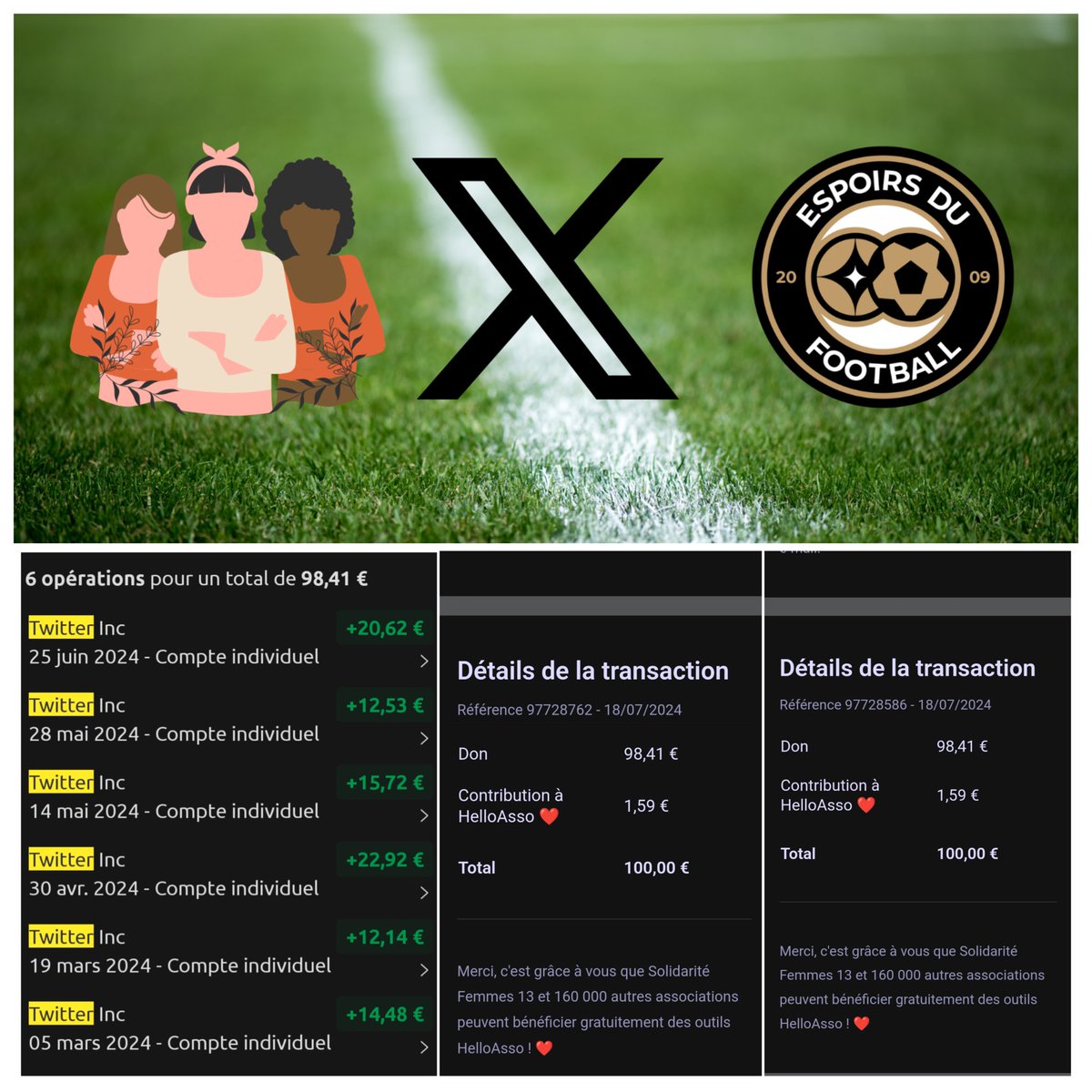 EspoirsduFoot's tweet photo. ♀️👛 Hier, j'avais annoncé que pour transformer positivement les débats enflammés au sujet de la signature de Greenwood à l'OM, j'allais verser ma monétisation X jusqu'à la fin de l'année à “Solidarité Femmes 13”.

Mais plutôt qu'attendre de futurs versements j'ai décidé de verser l'intégralité des gains perçus depuis mars 2024. Et pour aller plus loin, j'ai décidé de doubler cette somme. 

En toute transparence, voici les captures d'écrans bancaires des transactions. 

Le cas Greenwood a mis en avant les violences sexuelles et sexistes, notamment dans le cadre conjugal, et au-delà de son cas personnel, il aura au moins eu le mérite de permettre à des personnes d'être sensibilisées à ce fléau.
