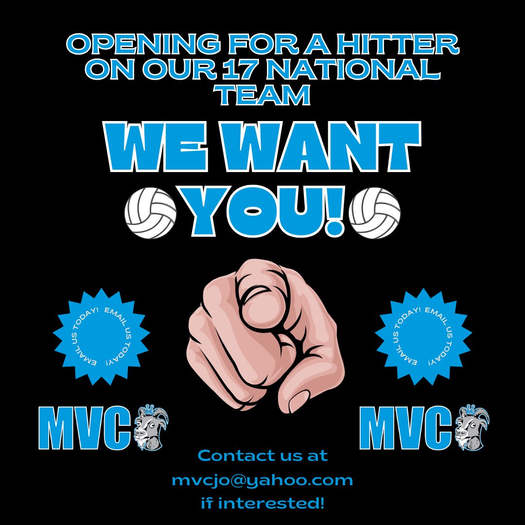 gotmaq's tweet photo. We have openings for hitters on our MVC 15 and 17 National Teams 🏐

Contact us at mvcjo@yahoo.com if interested!! https://t.co/0bglW65oId