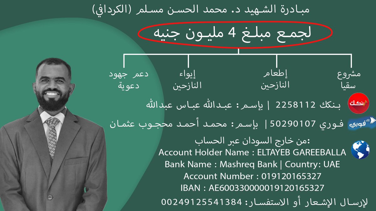 الشهيد رحمه الله كان رجل معطاء و زول خير بالحيل ، مستعد انو يبذل نفسو و زمنو و مالو في الخير و تأسى بالنبي صلى الله عليه و سلم في هذا الخُلُق ، نسأل الله له القبول.
أقل حاجة نعملها في حقو اننا نتصدق عنو حتى لا ينقطع عمله ، و الظرف صعب و ابواب الخير كتيرة ، و إيد على ايد تجدع بعيد