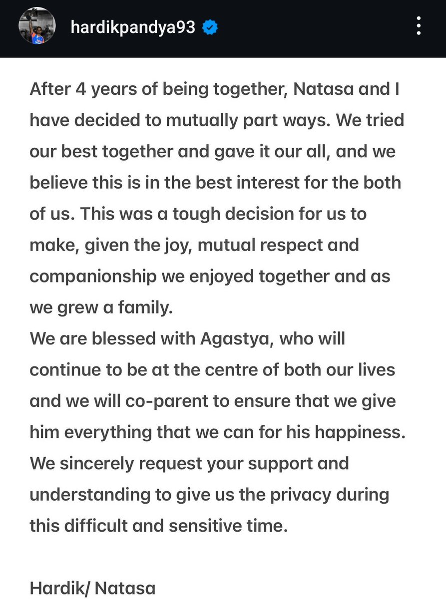 One8forver's tweet photo. It's official now ..Hardik pandya has announced His Divorce 

#HardikPandya https://t.co/Q84J4RnuOc