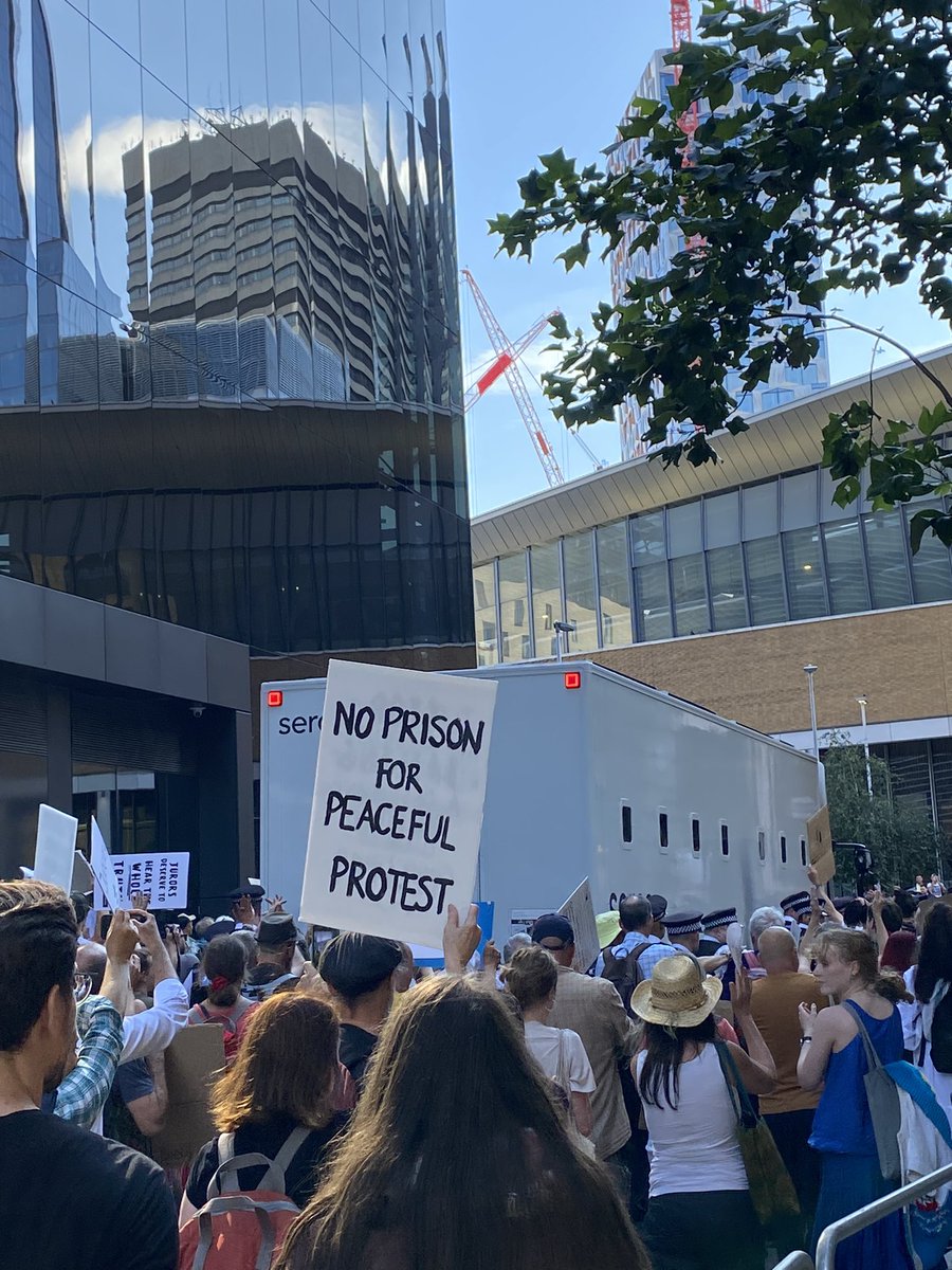 GreenpeaceUK's tweet image. The five climate activists have been sentenced to 4-5 years in prison, simply for wanting to protest PEACEFULLY against the ever-worsening climate crisis. 

It’s absurd to jail peaceful protesters while giving a free pass to the Big Polluters robbing us of a habitable planet.