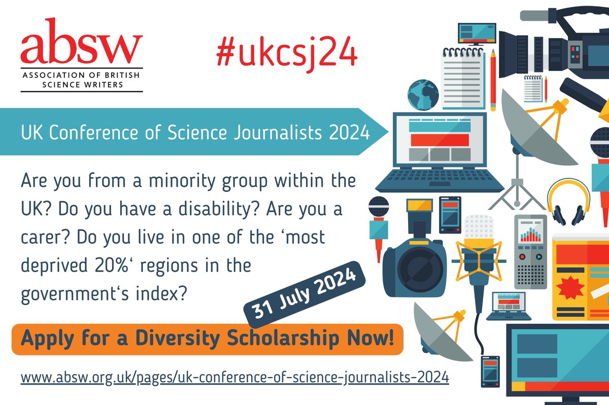 #UKCSJ24 #Scholarships
📆 Deadline: 31 July 2024, 11:59
👍 Diversity scholarships cover registration fees, travel and any necessary accommodation.  You will need to meet the criteria to apply.
👉  zurl.co/TgDn
UK Conference of Science Journalists. 15 October 2024