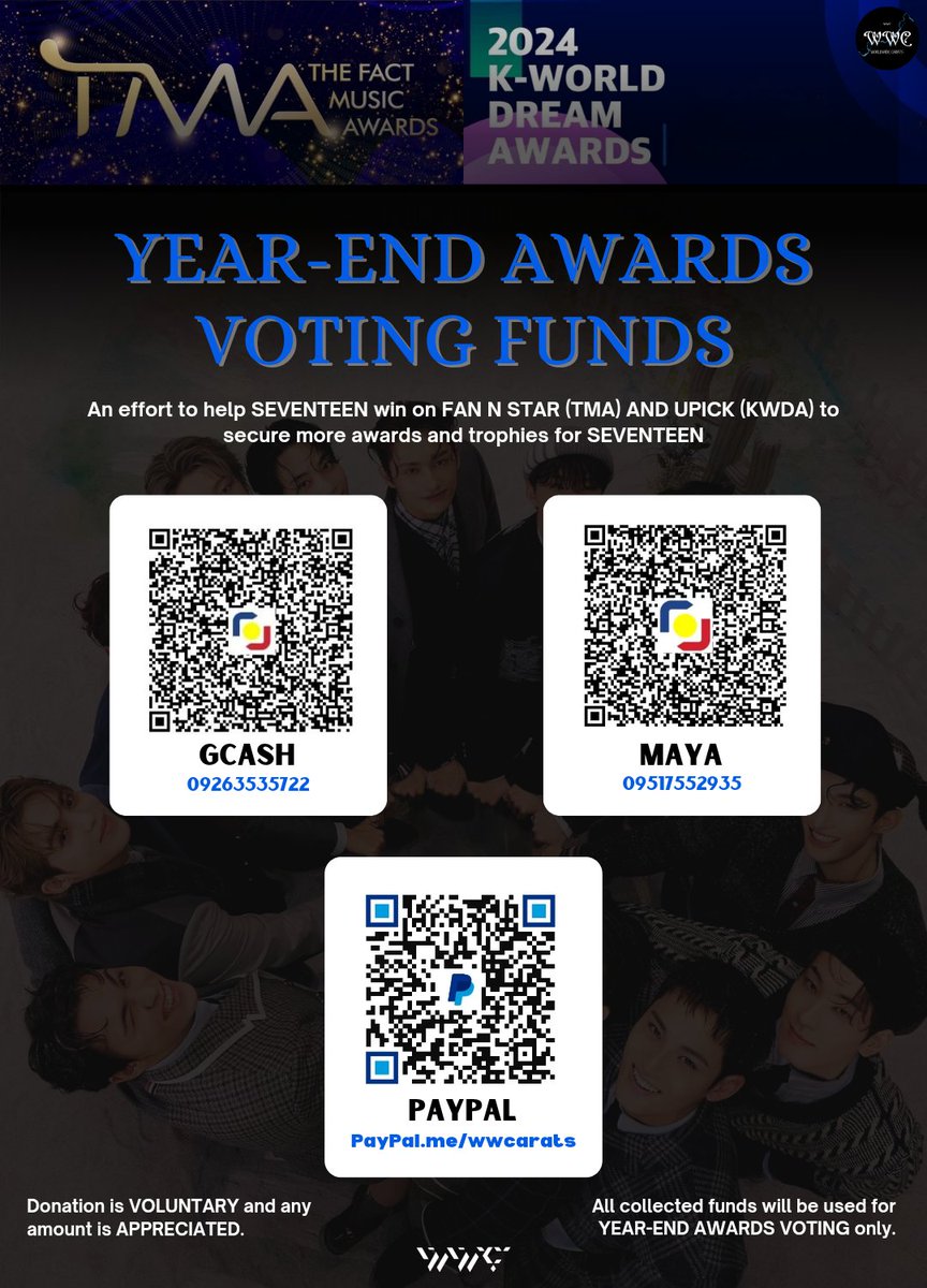 [VOTING] YEAR-END AWARDS VOTING FUNDS

CARATs! Our voting teams are in dire need of help! 🚨🚨🚨

SEVENTEEN has been nominated in TMA (Fannstar) and KWDA (UPick), and voting is currently open!

As our voting teams lack manpower, we are asking for those who are able to, to please