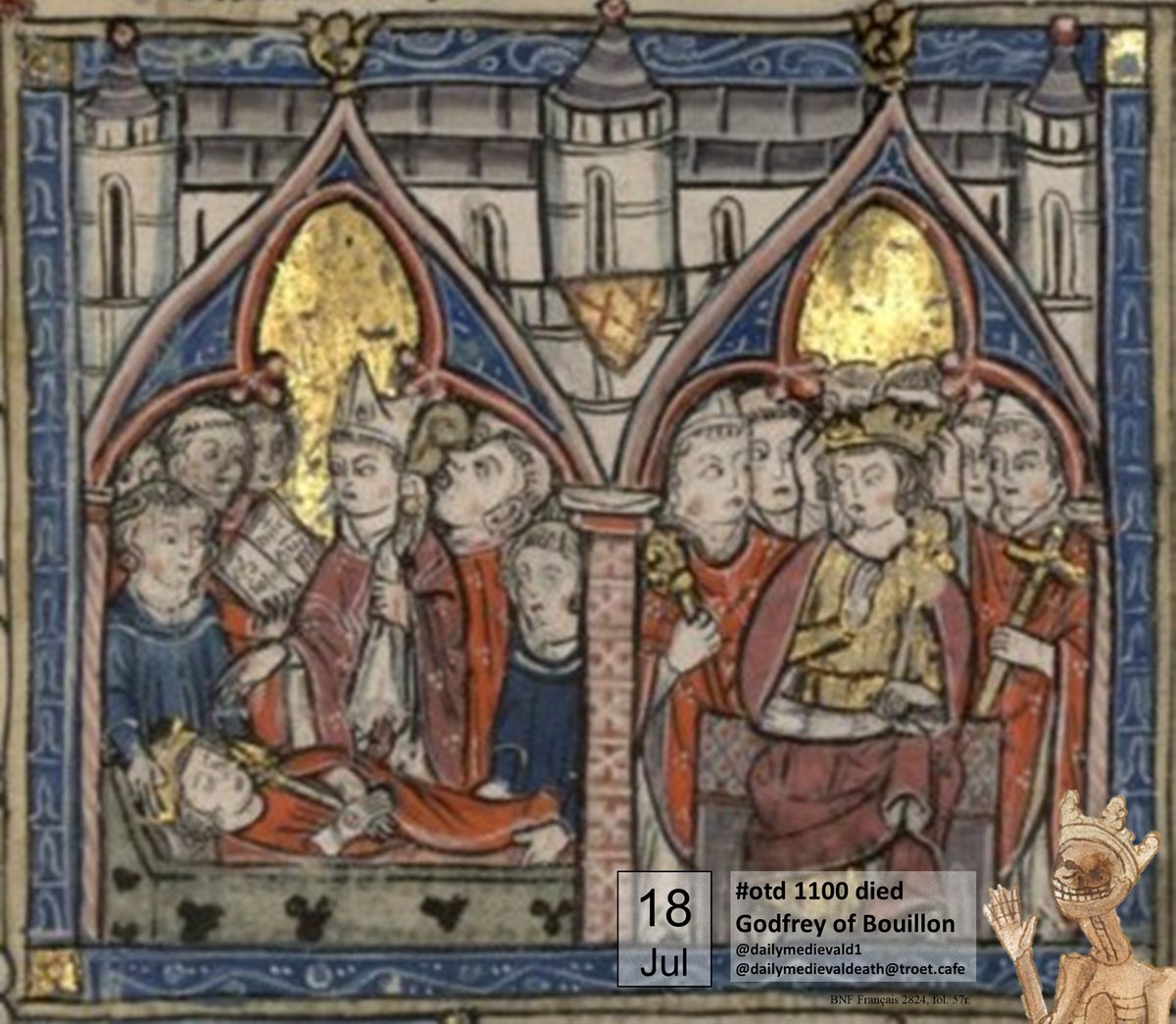 dailymedievald1's tweet photo. #otd 1100 died Godfrey of Bouillon. He was buried in the tomb of the Cretan kings in the Church of the Holy Sepulchre in Jerusalem. #medievaldeath #medieval Ms.: BNF Français 2824, fol. 57r. https://t.co/wiHQWNH5Yx