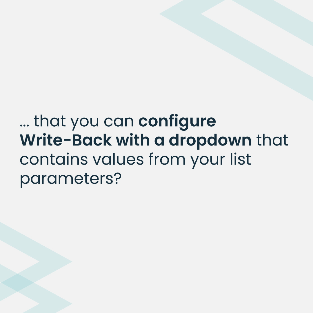 _WriteBack's tweet image. #DidYouKnow that you can configure #WriteBack with a dropdown that contains values from your list parameters? 🙌

With the dynamic predefined, you do not need to manually list all the options for the dropdown!
 
👉 Discover how: swki.me/m35oovIS

#Tableau