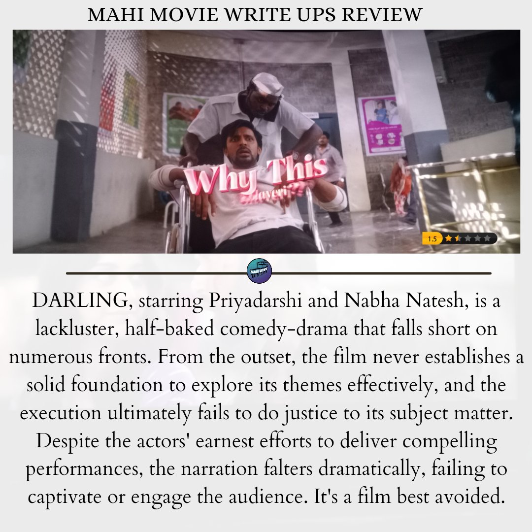 MahiMVWriteups's tweet photo. Matter weak ga unnappude promotions peak lo untayi....IYKYK......
#Darling 

#MMWRating :- ⭐½

@NabhaNatesh @PriyadarshiPN 

#DarlingMovie #DarlingReview #NabhaNatesh #Priyadarshi #mahimoviewriteups #review #Reviews #mahimoviewriteupsreview https://t.co/tHRZdEOUF9