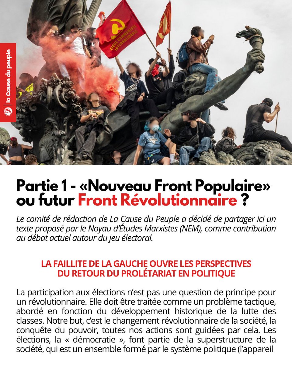 Cause_du_Peuple's tweet photo. 🔴⚡ « NOUVEAU FRONT POPULAIRE » OU FUTUR FRONT RÉVOLUTIONNAIRE ?

Le comité de rédaction de La Cause du Peuple a décidé de partager ici un texte proposé par le Noyau d’Études Marxistes (NEM), comme contribution au débat actuel autour du jeu électoral.

https://t.co/lhwIsBr00j https://t.co/hVBgKdxsqf