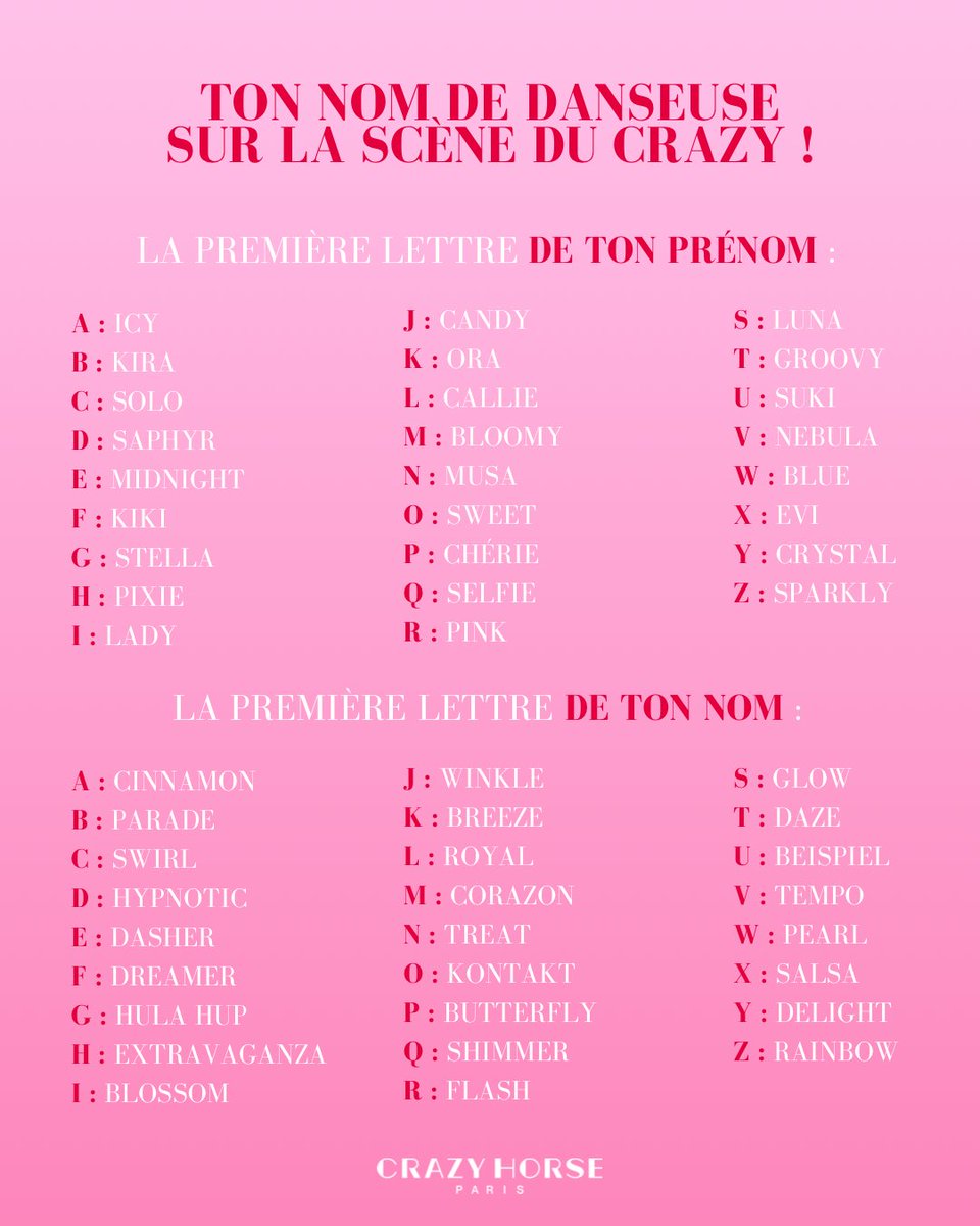 crazyhorseparis's tweet image. On veut tous être une Crazy Girl 💂‍♀️
Et vous, ça donne quoi ? On a hâte de découvrir vos noms de scène ! 

#CrazyHorseParis #CrazyName #CrazyGame