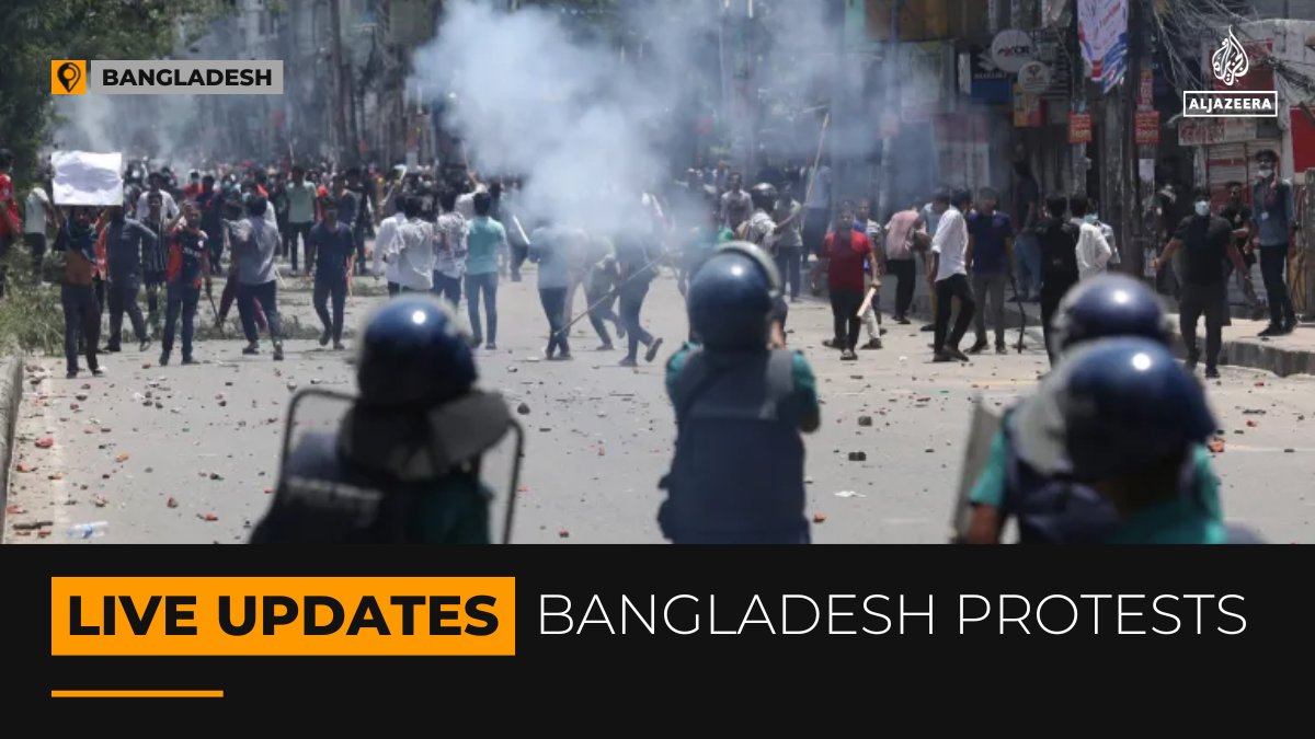 AJEnglish's tweet photo. Police and demonstrators clash in deadly protests in Bangladesh as protesting students call for a nationwide “shutdown” over controversial government job quotas.

🟠 Follow our LIVE coverage: https://t.co/5u45LGgkaX https://t.co/I067T1QsUJ