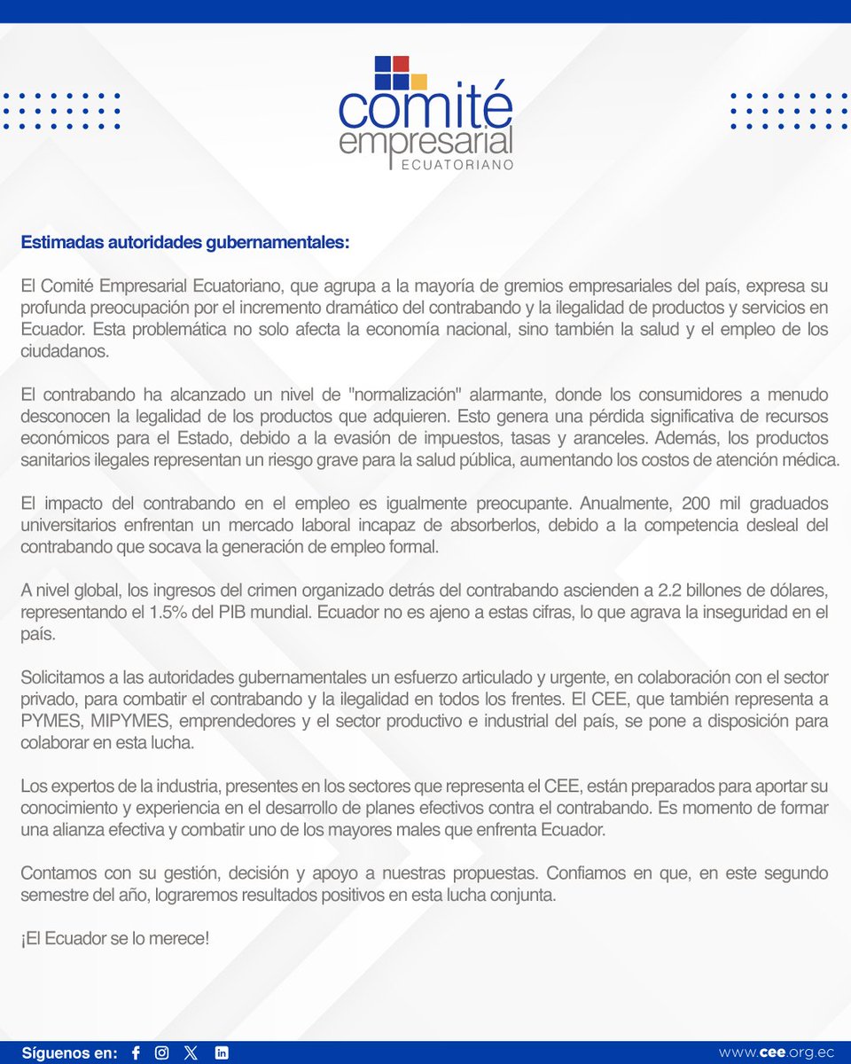 🛑 #NoAlContrabando 
El Comité Empresarial Ecuatoriano alerta sobre el creciente contrabando que afecta la economía y salud del país. Urge una acción conjunta con el gobierno para combatir esta problemática y proteger a Ecuador. 🤝🇪🇨 ¡Actuemos ahora! 👇 bit.ly/CEEcontrabando…