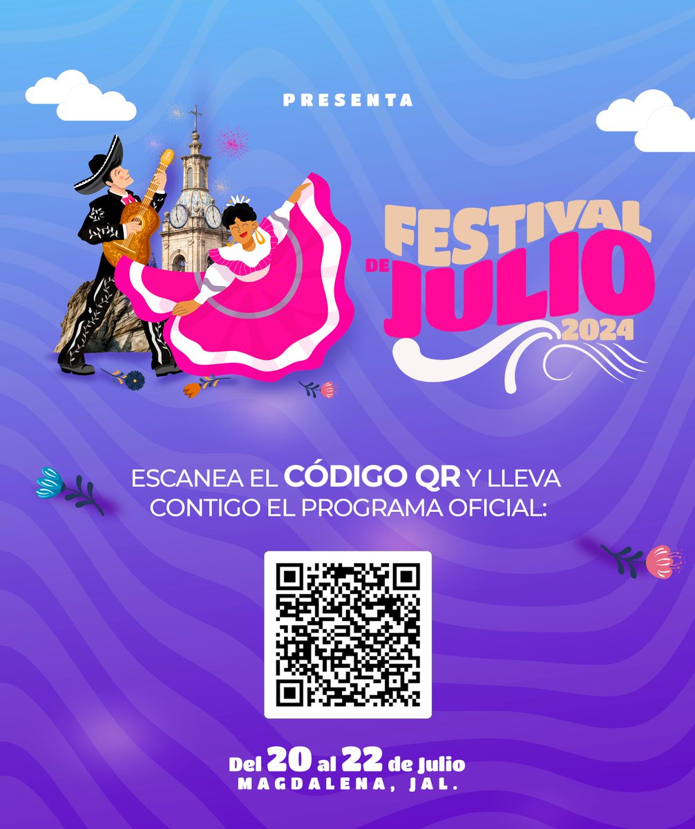 Magdalenagob's tweet photo. Lleva contigo todo el tiempo en tu dispositivo móvil el Programa Oficial del Festival Cultural de Julio, que se realizará del 20 al 22 de julio en la Plaza Principal. ¡Escanea el código QR y consulta el programa!
#JaliscoEsMéxico #Magdalena #Jalisco #FestivalDeJulio https://t.co/NuO2fKTfnc