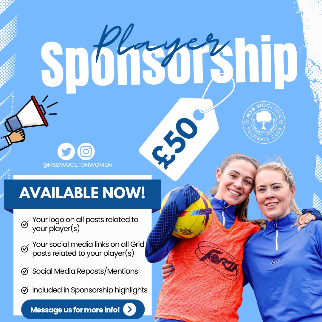 Our First Team are looking for player sponsors as they make the step up to Tier 6 football!

£50 per player, all the benefits listed on the image ⚽️

Please contact us if you’re interested or want to know more!