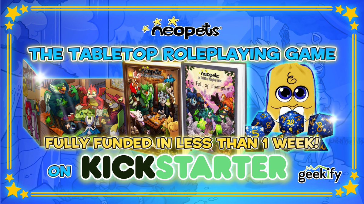 Neopets's tweet photo. 🧙 NEOPETS: TABLETOP ROLEPLAYING GAME 🎲

Our friends over at @GeekifyInc are launching a NEW Neopets roleplaying game! 

And that's not the best part: this project was FULLY FUNDED in less than a week! 😱

Check out the Kickstarter for more details! 

https://t.co/H6QHxOfMyz https://t.co/Da7KR35bNj