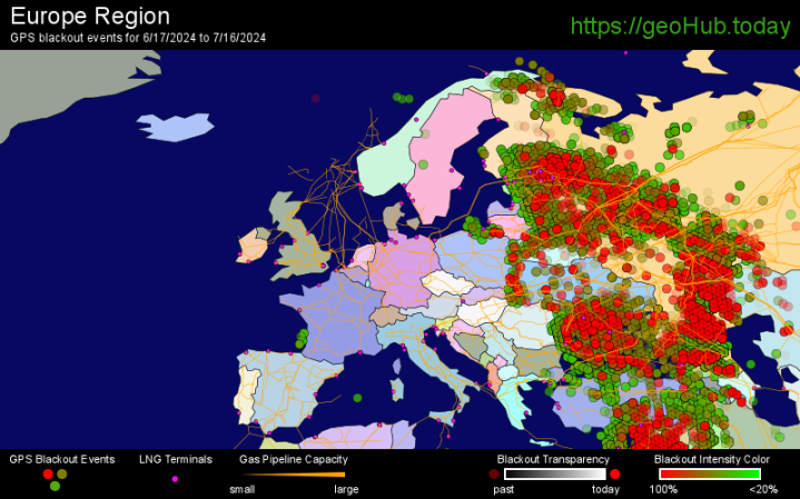 GeoHubToday's tweet photo. This is the first time we've seen Ukraine fully enveloped in GPS denial over a 30 day period 

Poland is getting lit up, too

This election season is forcing hands https://t.co/9zhaYZvb8U