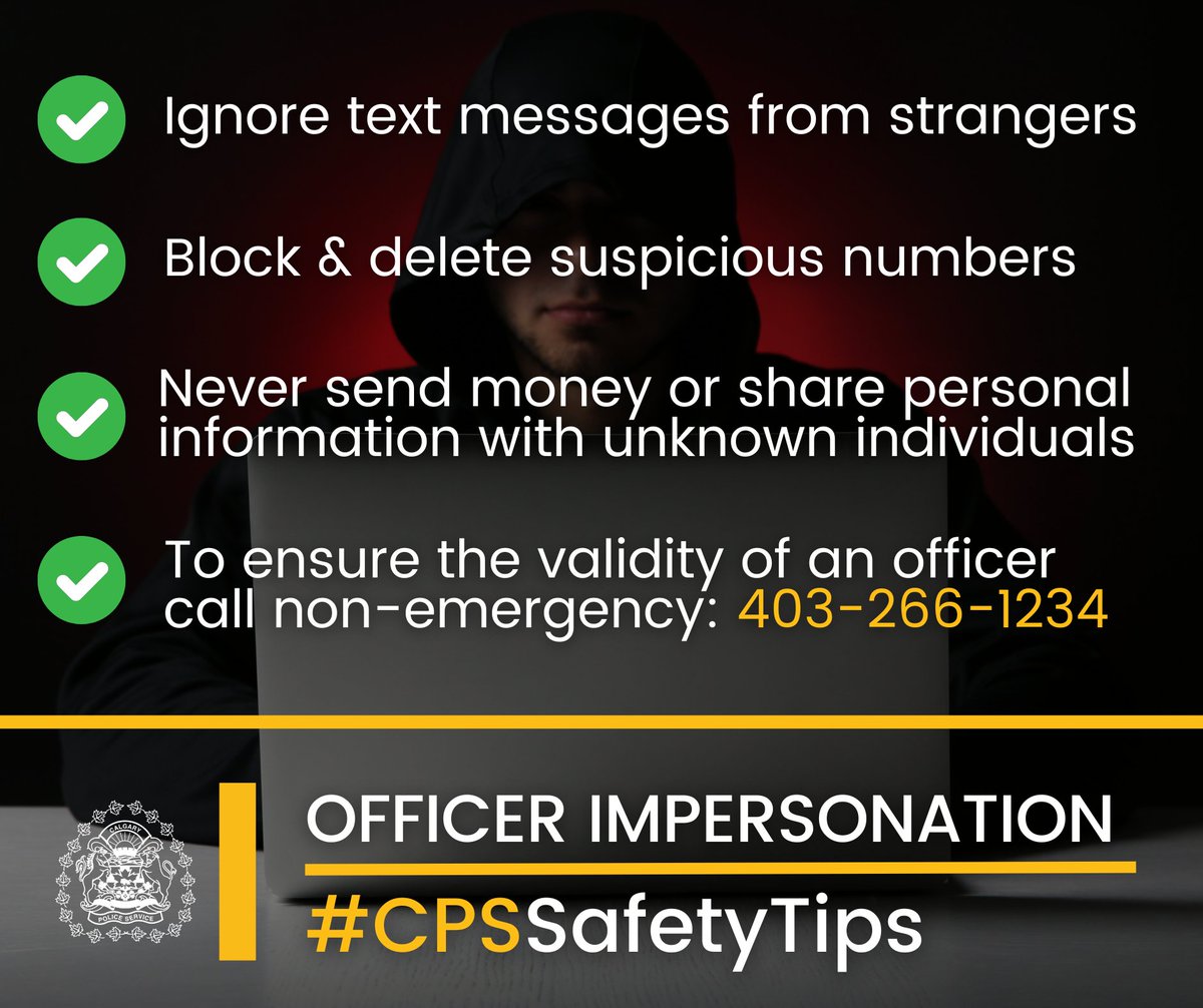 CalgaryPolice's tweet photo. ⚠ SCAM ALERT ⚠

We were recently made aware of an online scam where a victim interacted with someone impersonating a CPS officer.

The victim was approached online by an unknown individual who claimed to be an officer, used a photo of a CPS member & subsequently requested money from the victim.

❌ CPS officers will never ask citizens for money. ❌

❗ We are reminding Calgarians encountering suspicious messages or scams to ignore texts from strangers, block suspicious numbers & never send money or share personal information such as credit card numbers, bank account numbers, dates of birth, or social insurance numbers with unknown individuals.

Calgarians unsure of the validity of a police officer can ask to see visible identification with a photograph & call the non-emergency number at 📞 403-266-1234 to confirm an officer’s identity.