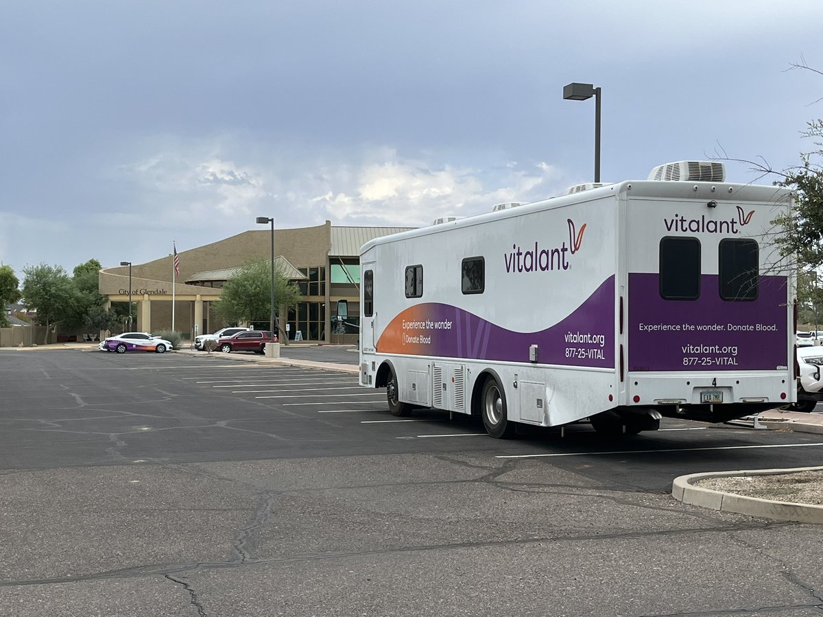 AliWBrooks's tweet photo. We need blood donor heroes! City of Glendale Blood Drives today at Glendale Adult Center until 1pm. Tomorrow at Foothills Library. July 25 &amp; 26 at the Main Police Station and Heroes Library! 
WIN a car! Walk-in or sign up at https://t.co/0WAp5eGqHG #vitalant #glendaleaz https://t.co/UQKDgiJXau