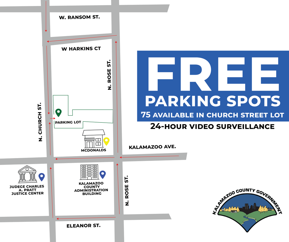 KalamazooCounty's tweet photo. Parking Update! 🚘

75 Free parking spots available at the Church St. Lot for Employees &amp; General Public! Conveniently close to the Kalamazoo County Administration Building and the Judge Charles A. Pratt Justice Center, with 24-hour surveillance for your peace of mind. https://t.co/ERoVaND4r6